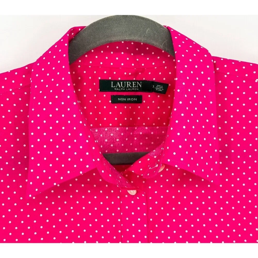 Lauren Ralph Lauren Black Label Long Sleeve Button-Up Pink w/Polka Dot Women XL - Picture 2 of 6